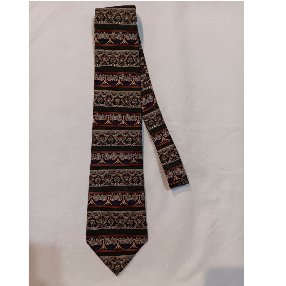 Roundtree & Yorke Mens Silk Tie Ornate Scroll Geometric Black Gold Burgundy USA